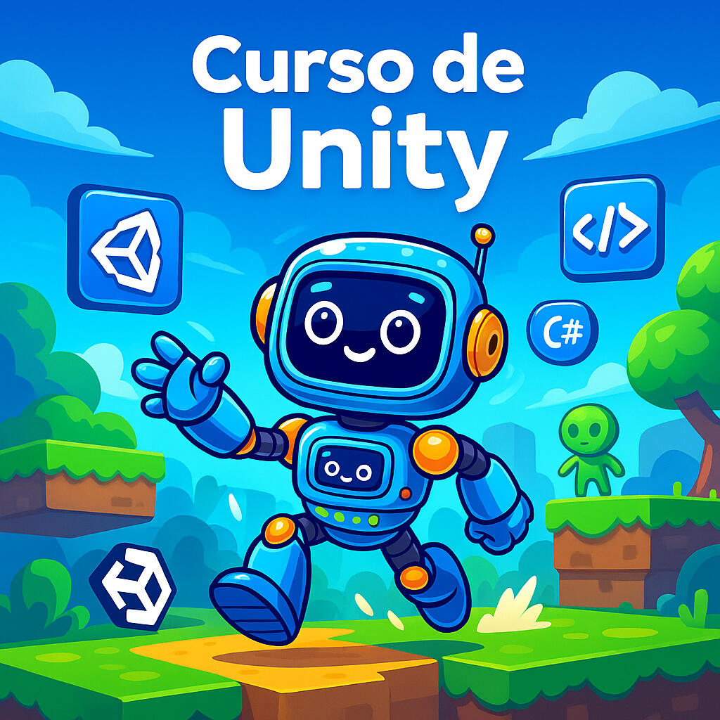 Curso de Unity para crear videojuegos 2D y 3D Ilustración de Codey junto a una interfaz de Unity, con elementos 3D, luces y una escena en construcción.
